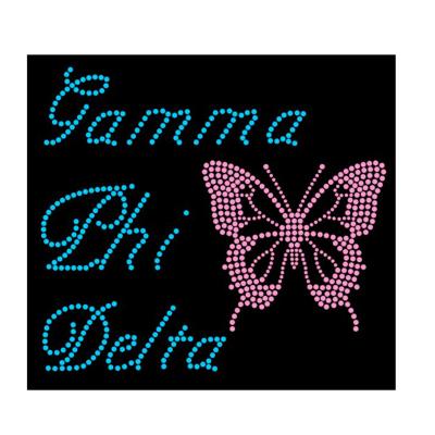 China Flatback Customized Phi Delta Rhinestone Transfer Butterfly Gamma Iron On For T Shirt for sale