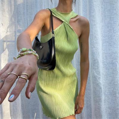 China 2022 wholesale boutique sexy casual breathable clothing pleated off the shoulder halter Vestido Corto Green Summer Dress for sale