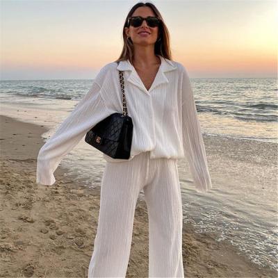 China Anti Wrinkle Anti-Wrinkle Spring Pleated White Holiday Outfits Casual Office Elegant Women 2-Pieces Set Long Sleeve Blouse Pants Two Piece Set for sale