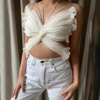 China 2022 Viable Trends Elegant Chiffon Lace Up Tank Tops Women Sexy Backless Butterfly Pattern Camisole White Tops for sale