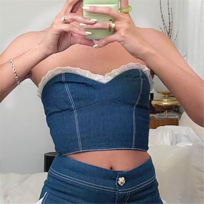 China 2022 Summer New Village Style Patchwork Sustainable Denim Tops Womens Blue Sleeveless Soft Custom Cropped Tube Tops for sale