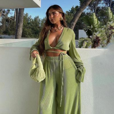 China 2022 Fast Shipping Anti-wrinkle Spring Anti-wrinkle 2 Piece Elastic Waist Pants Matching Sets Lace Up Autumn Green Pleated Outfit For Women's Full Crop for sale