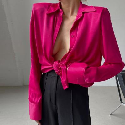 China 2022 Fashion Spring Long Sleeve Turn Down Collar Pink Satin Blouses Ladies Slim Office Long Sleeve Shirts For Women for sale