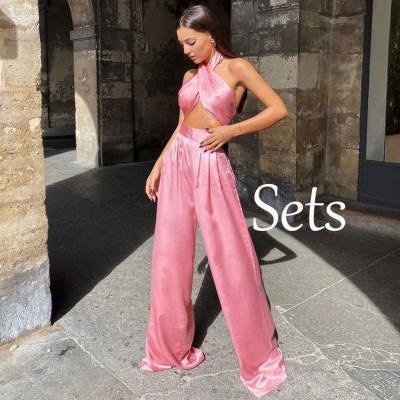 China 2021 Chic Multicolor QUICK DRY Halter Tank Top Palazzo Two Piece Pants Set Fashion High Street Satin Women 2 Piece Set for sale