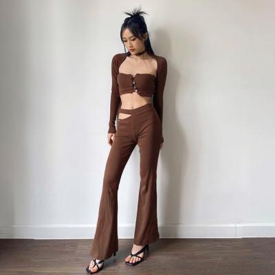 China 2 Piece Wholesale OEM Brown Clothing Set Women Casual Irregular Anti-Wrinkle Anti-Wrinkle Crop Tops Pants Two Piece Set for sale