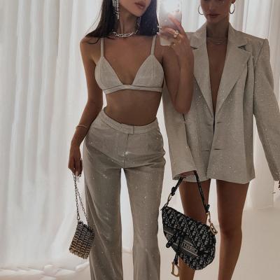 China Wholesale anti-static casual thin bra sparkle club silver club crop tops pants two-piece set women 2022 summer equipment for sale