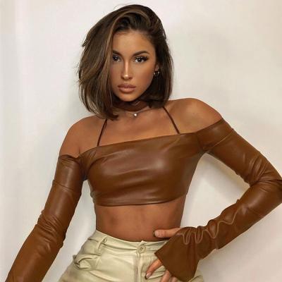 China New 2022 Breathable Breathable Hot Products Spring Brown Halter Long Sleeve Pu Leather Crop Tops T-shirt Women for sale