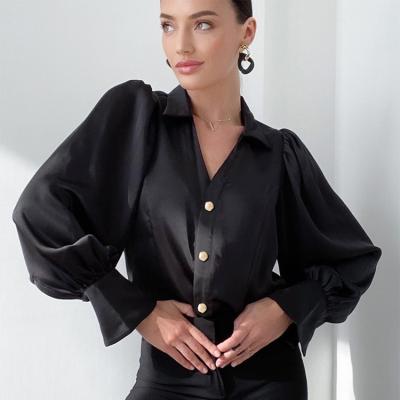 China 2022 Vintage Satin V-Neck Long Sleeve French Loose Shirt Casual Elegant Ladies Blouses for sale