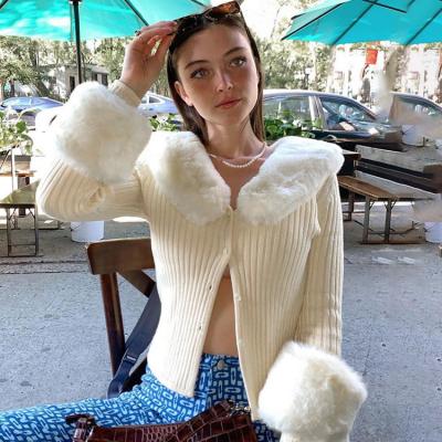 China Fashionable Anti Wrinkle Clothes Apricot Ribbed Cotton Knitted Sweater 2021 Winter Women Sexy Jacket Fur Collar Cardigans for sale