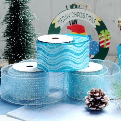 China CHRISTMAS 2.5 INCH Christmas Glitter Organza Navy Blue Custom Printed Ribbon Cable Ribbons For Decoration for sale