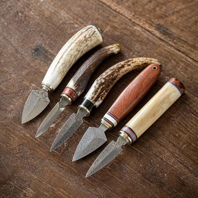 China Viable Sandalwood Pu'er Tea Knife Damascus Pattern Antler Bone Stainless Steel Tea Cone Ostrich Bone Handle Knife for sale