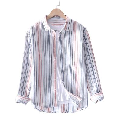 China High Quality Hit Striped Long Sleeve Men's Casual Loose Anti-Pilling Canvas Shirt for sale