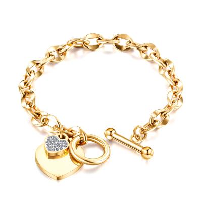 China Romantic Elegant Zircon Stainless Steel Heart Pendant Crystal 18k Gold Plated Charm Bracelet Bangles With OT Toggle 18cm Rhinestone for sale