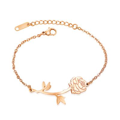 China Stainless Steel Romantic Simple Thin Chain Charm Fashion Rose Flower Gold Plated Bangles Latest Designs For Girls for sale