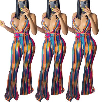 China Summer Breathable Sleeveless Flare Pants Sling Fashion Deep V Neck Colorful Striped Women Plus Size Jumpsuit Women for sale