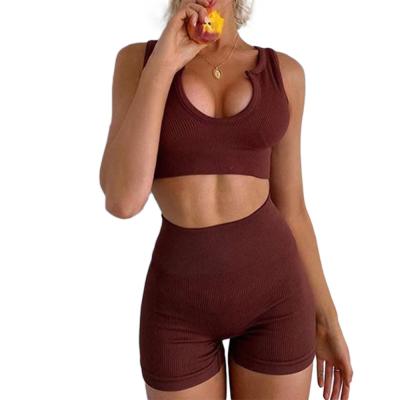 China Breathable Sportswear Women's Seamless Dry Solid Fitness Stripe Kit Run Fitness Biker Workout Gear Short Set Knit Yoga for sale