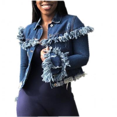 China Women's Sustainable Denim Jacket Coat Jean Jackets Frayed Pattern Basic Casual Ripped Lady's Tassel Holes Female Clothing for sale