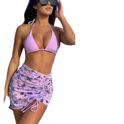 China 2021 Summer Viable Bikini New Design Women 3 Piece Drawstring Skirt Swimwear Waist Straps High Cover Up Skirt Swimwear Set for sale