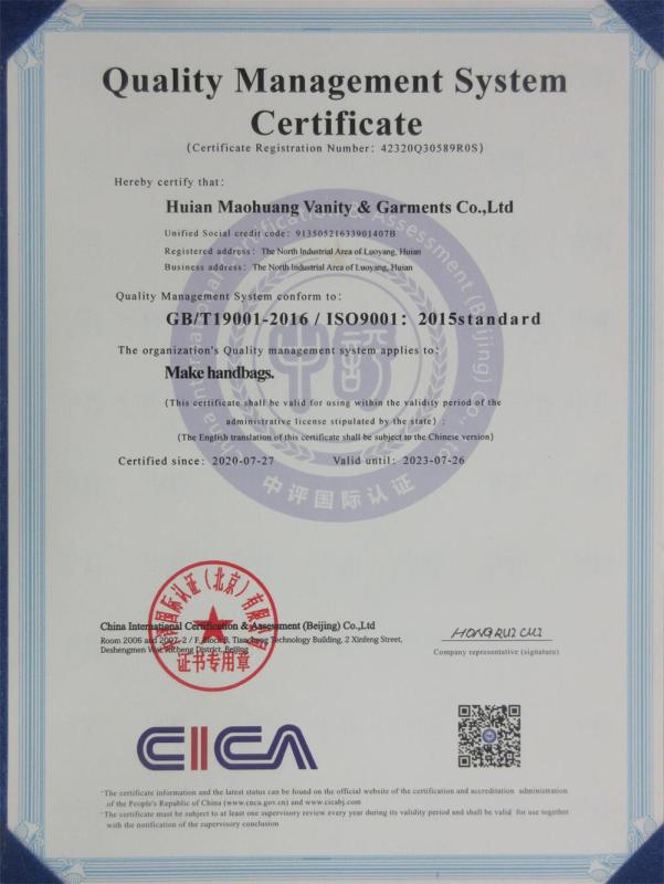 ISO9001 - Huian Maohuang Handbag Clothing Co., Ltd.