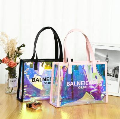 China 2021 Handbag Daily Fashion Supplier Holographic Custom PVC Logo Tote Bag For Woman for sale