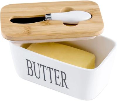 China Sustainable Hot Selling Amazon OEM Butter Dish With Knife And Bamboo Butter Box Cheese Food Storage Container Lid Ceramic Container for sale