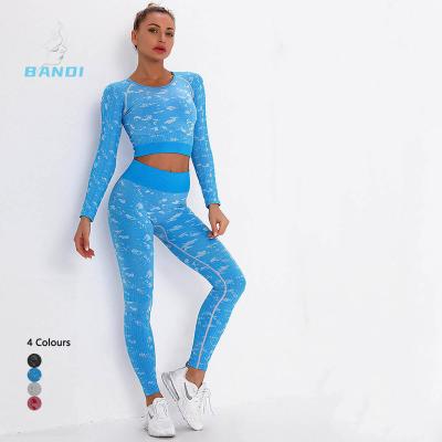 China Breathable 2023 piece set sweat suit track yoga sportswear gym women camo print leopard point yoga leggings top set for sale