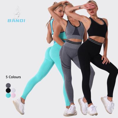 China Breathable Drop Shipping Suppliers 2 Piece Yoga Set Sports Bra And seamless Leggings Yoga Pants stripe high waist yoga sets for sale