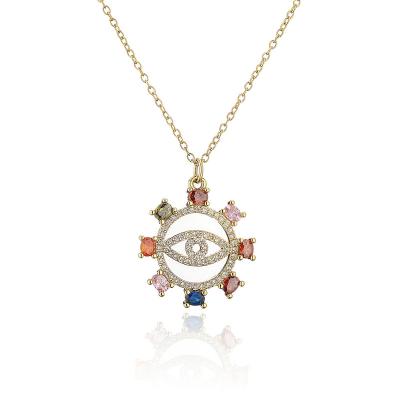 China TRENDY New Arrival 18K Gold Brass Jewelry Inlaid Colorful Zircon 3A Devil's Eye Ring Pendant Necklace for sale