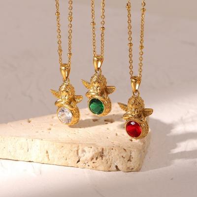 China Environmental Friendly Women 18K Gold Plated Stainless Steel Cupid Round Green White Red Zircon Pendant Necklace for sale