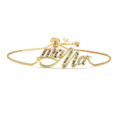 China CLASSIC Gift Mother's Day Jewelry 18K Gold Zircon Brass Colored Slide Adjustable Mum Alphabet Letter Artistic Bracelet for sale