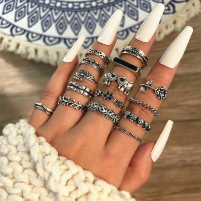 China TRENDY Women's Skull 15pcs Leaf Elephant Flower Pumpkin Vintage Geometric Ring Set for sale