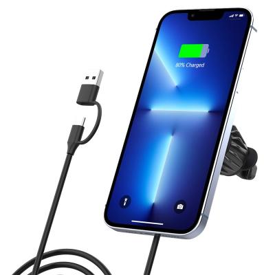 China New 2022 Mobile Phone Strong Magnet 360 Degree Rotation Air Vent Car 15W Wireless Charger Magnetic Phone Holder With 2IN1 Type C USB A Cable for sale