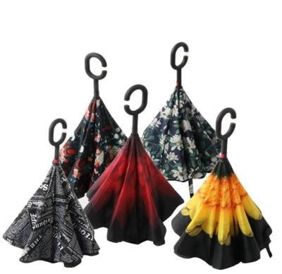 China 2 Layer Traditional C Handle Handless Printing Reverse Compactcar Windproof Inverted Umbrella for sale