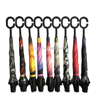 China Traditional handless new printing car windproof reverse reverse rainproof outdoor umbrella for sale