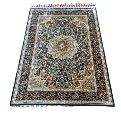 China Small Size 90x140cm Washable Blue Silk Persian Hand Knotted Rugs Kazakhstan Handmade Silk Overstock Rugs Designer Turkish Prayer Rugs for sale