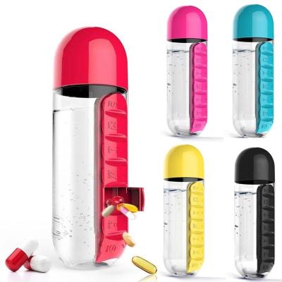 China 600ml Sustainable Sports Plastic Water Bottle With Outdoor Leakproof Drinking Travel Hiking Pill Box Daily Organizer Tumbler Bottles 2 in 1 for sale