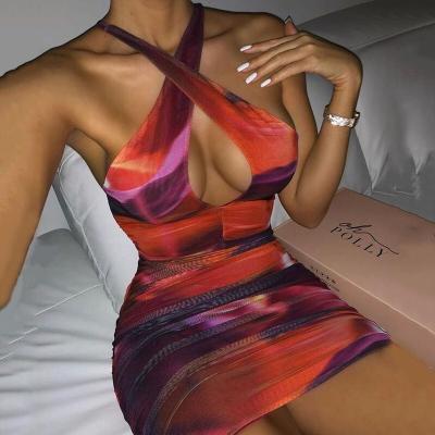 China 2021 Anti-Static New Tie Dye Bodycon Dress For Women Party Night Vestidos Cross Lace Up Mini Dress Ladies Elegant Clubwear Backless for sale