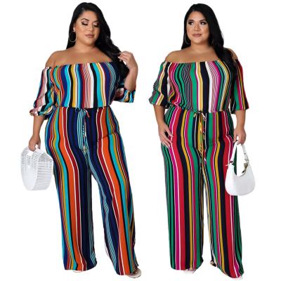 China HANRONG Preppy Style Loose Off Shoulder Print Striped Overalls Elegant Women One Piece Set for sale