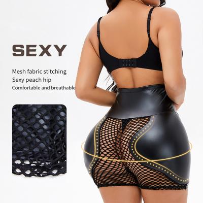 China 6XL Antibacterial Mesh Breasted Zipper Body Shaper Black Pants Foam Pad Hip Thickened Leather Shorts High Waist Shaper for sale