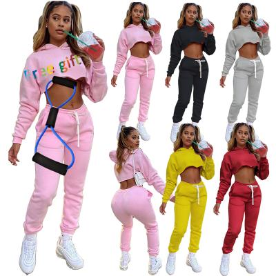 China 2021 Custom Breathable Logo Two Pieces Hoodie Training Tracksuit Joggers Set 2 Piece Stacked Top Pants Sweatsuit Fall For Women for sale