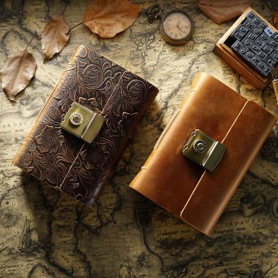 China Wholesale Creative Handmade Genuine Leather Notebook Password Notebook Classic Retro Student Diary Notebook Hardcover Book A7 Size AIGUONIU for sale