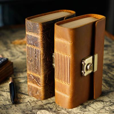 China Wholesale Creative Handmade Genuine Leather Notebook Password Notebook Classic Retro Student Diary Notebook Hardcover Book A5 Size AIGUONIU for sale