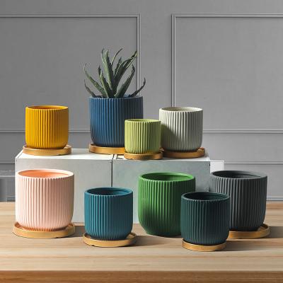 China Custom Color Stripe Nordic Modern Indoor Outdoor Decorative Succulent Bonsai Pots Ceramic Garden INS Europe Style Ceramic Garden Pot For Flower for sale