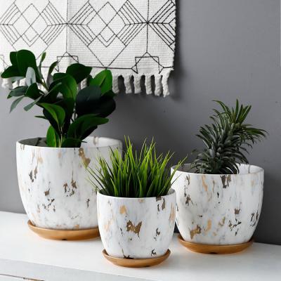 China Europe garden decoration porcelain planter home decor factory luxury marble ceramic flower pots with tray for sale