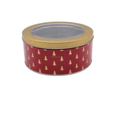 China Cookie Tin Custom Logo Metal Round Food Grade Window Storage Cake Tin Gift Box Cookie Tin Container Package Can Packaging Boxes Wholesale for sale