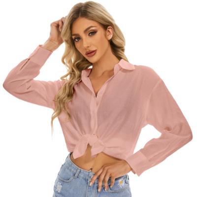 China Elegant Breathable Office Button Down Loose Turn-Down Collar Women's Shirt Pink Blouse Bottom Long for sale