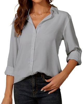 China Gray Women Breathable Button Down Shirt Blue Classic Long Sleeve Collared Tops Work Office Chiffon Blouse for sale