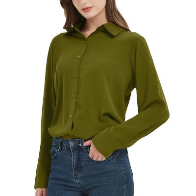 China Green Women's Breathable Button Down Shirt Blue Classic Long Sleeve Collared Tops Work Office Chiffon Blouse for sale