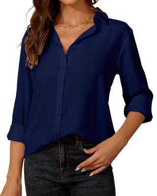 China Navy Women's Breathable Button Down Shirt Blue Classic Long Sleeve Collared Tops Work Office Chiffon Blouse for sale