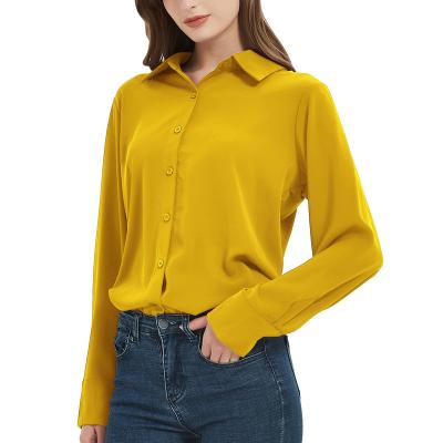 China Yellow Women Breathable Button Down Shirt Blue Classic Long Sleeve Collared Tops Work Office Chiffon Blouse for sale